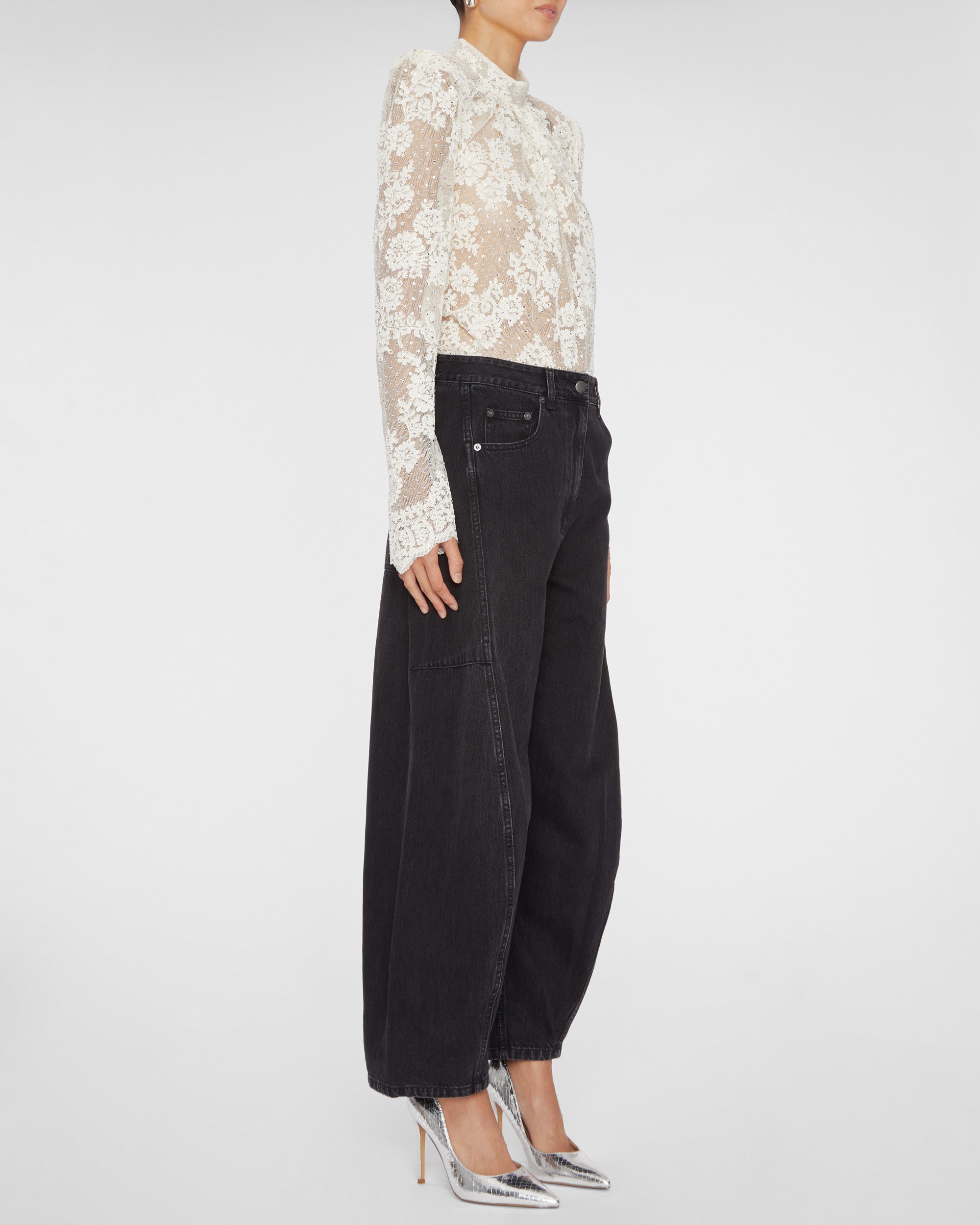 Tシャツ・カットソー SELF PORTRAIT BLACK RHINESTONE LACE SLEEVE TOP Black Rhinestone Lace Sleeve Top – self-portrait