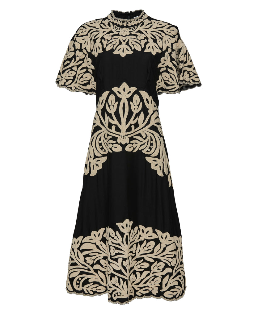 golden flower dress SEA Alexandra Embroidery Short Sleeve Midi Dress in Black– Capsule Shop
