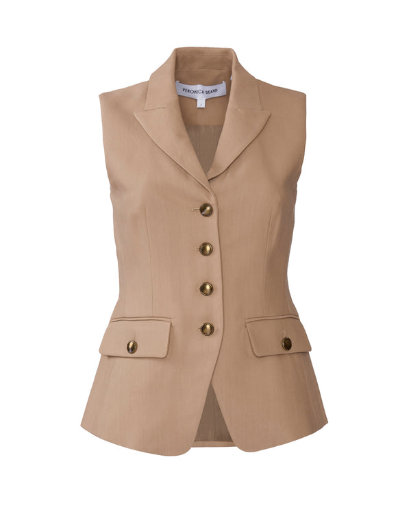 A beige sleeveless blazer vest with a double-breasted button closure, flap pockets, and a pointed collar, shown on a plain white background.