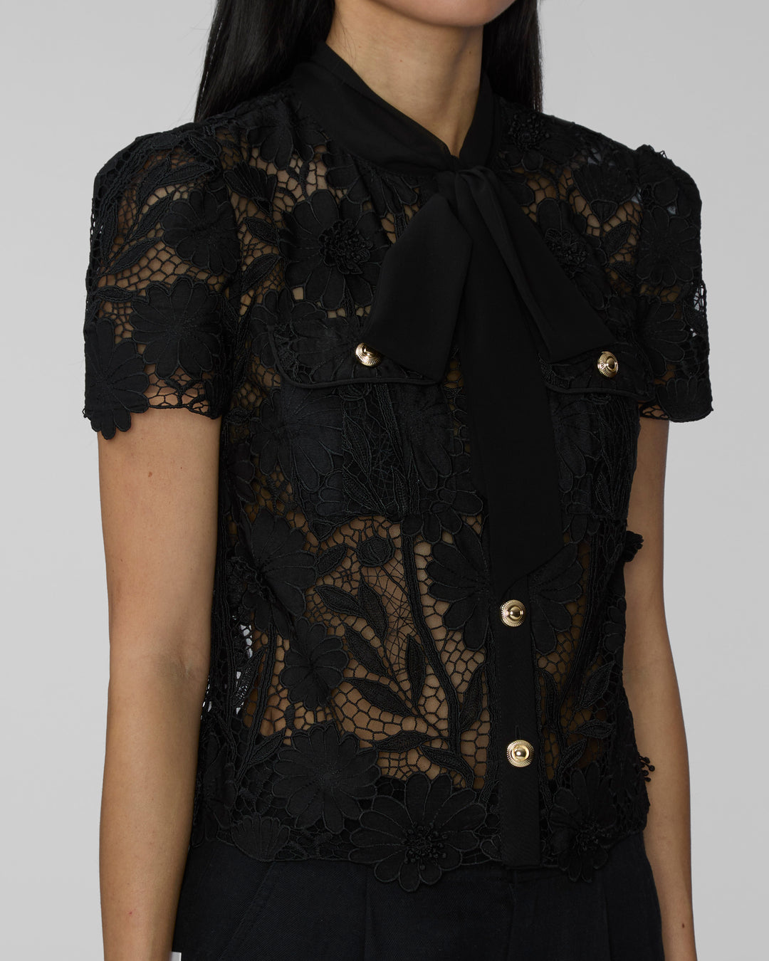 SELF PORTRAIT Black Lace Tie Neck Top