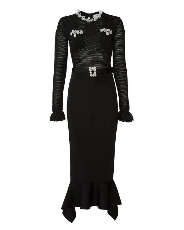 Self Portrait Black Pearl Trim Knit Midi Dress