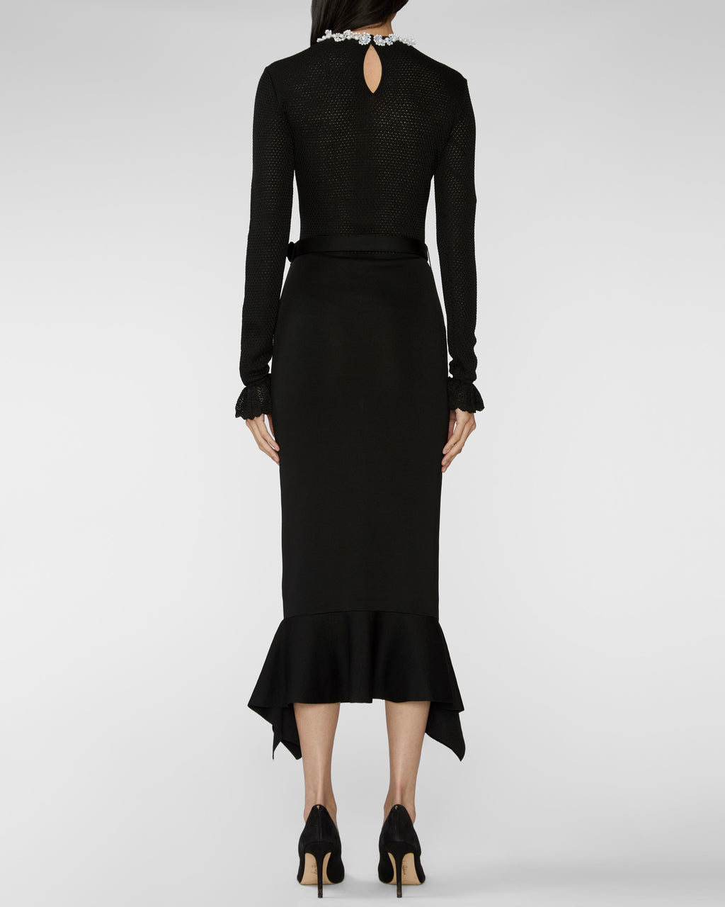 Self Portrait Black Pearl Trim Knit Midi Dress