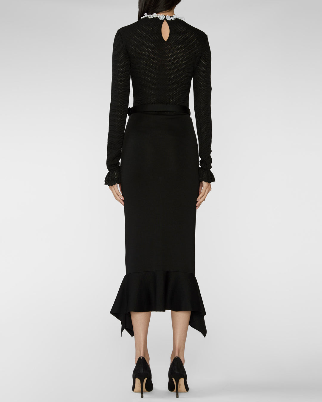 Self Portrait Black Pearl Trim Knit Midi Dress