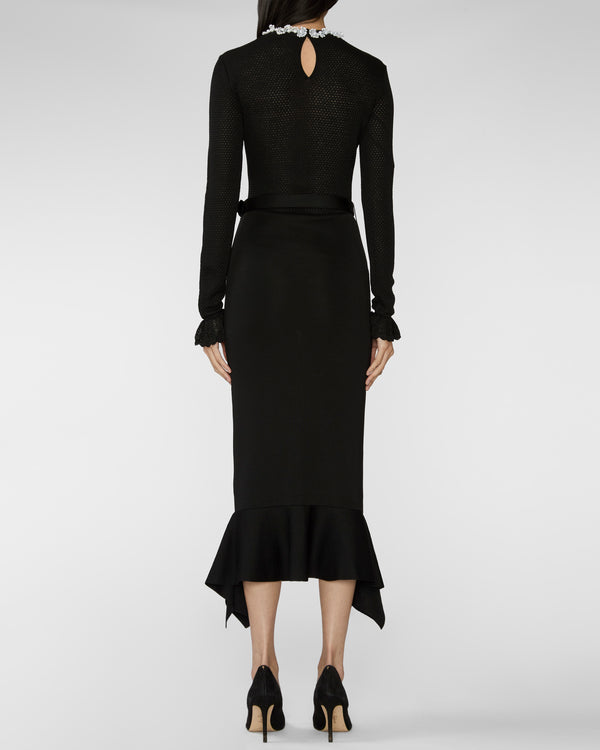 Self Portrait Black Pearl Trim Knit Midi Dress