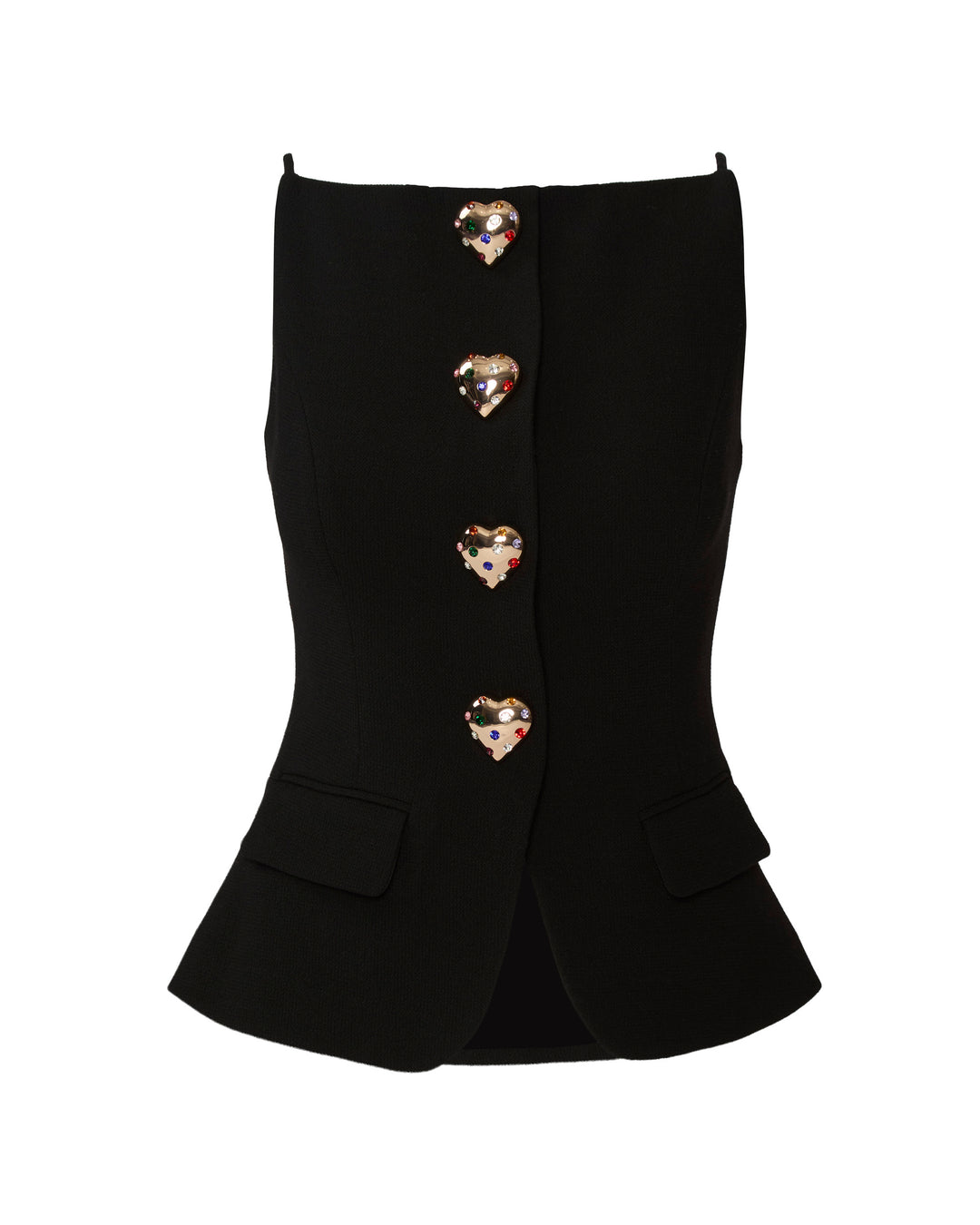 A black structured blazer-style vest with a peplum hem, featuring four decorative heart-shaped buttons down the front center.