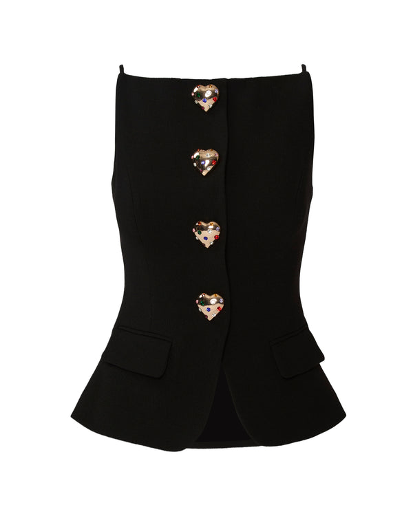 A black structured blazer-style vest with a peplum hem, featuring four decorative heart-shaped buttons down the front center.