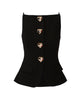 A black structured blazer-style vest with a peplum hem, featuring four decorative heart-shaped buttons down the front center.