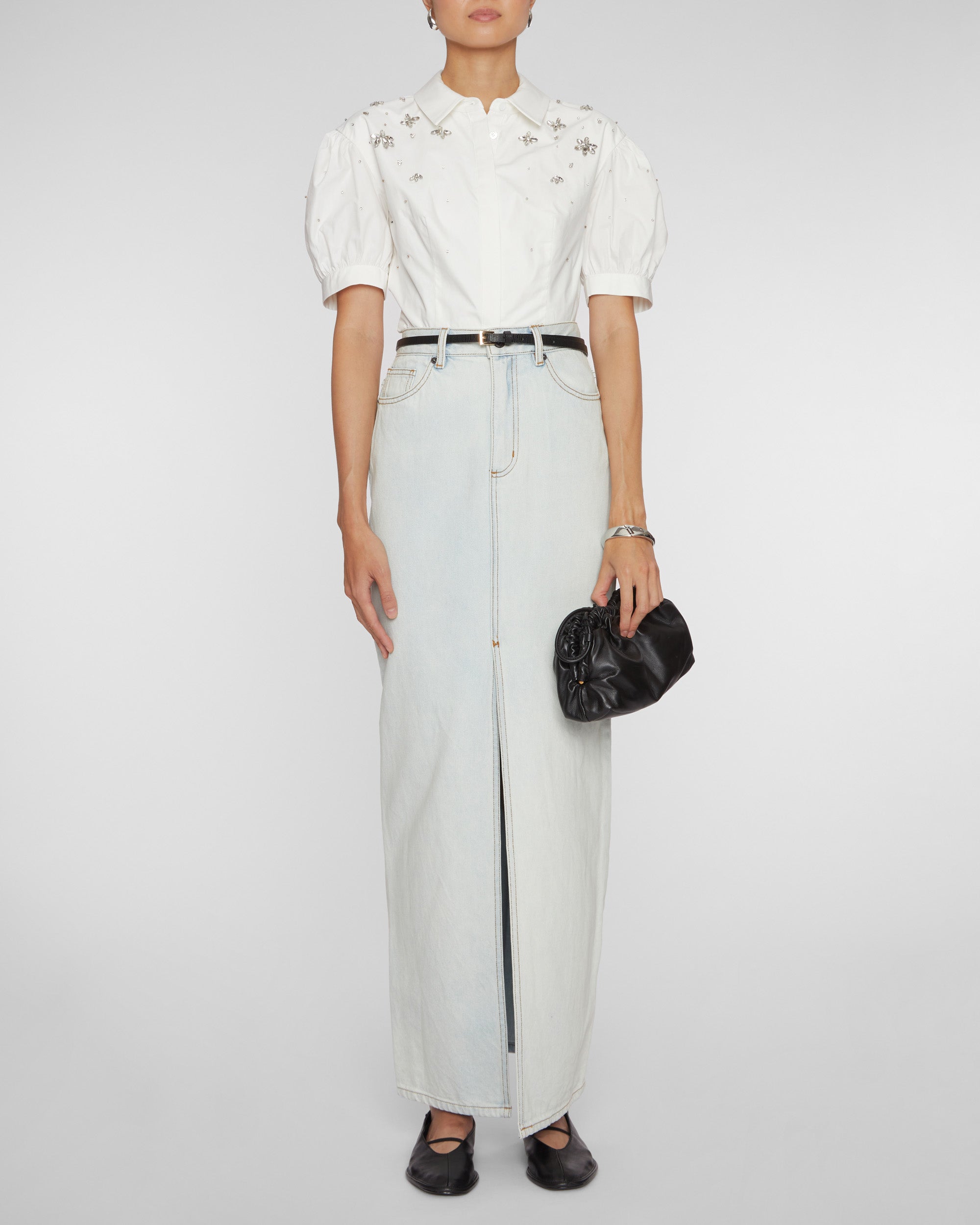 Self-Portrait|SKIRTS (BLEACH WASH DENIM MAXI SKIRT (PF2 SELF PORTRAIT Bleach Wash Denim Maxi Skirt– Capsule Shop