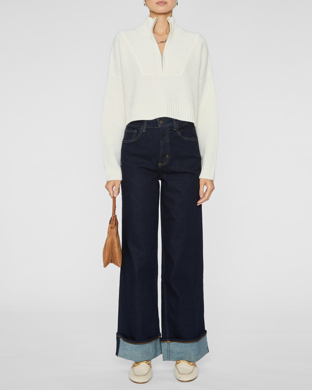 STAUD Cropped Hampton Cashmere Sweater in Ivory