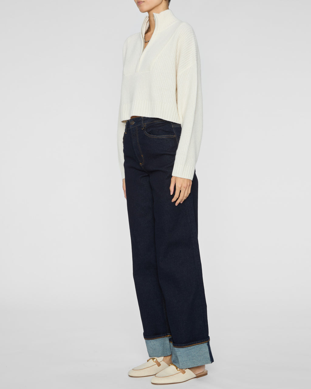 STAUD Cropped Hampton Cashmere Sweater in Ivory