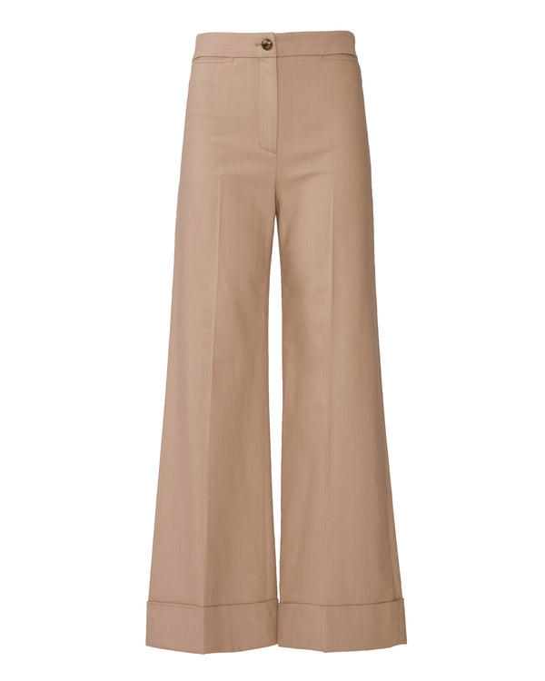 A pair of beige wide-leg cropped trousers with a button waistband, displayed on a clean white background.