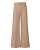 A pair of beige wide-leg cropped trousers with a button waistband, displayed on a clean white background.