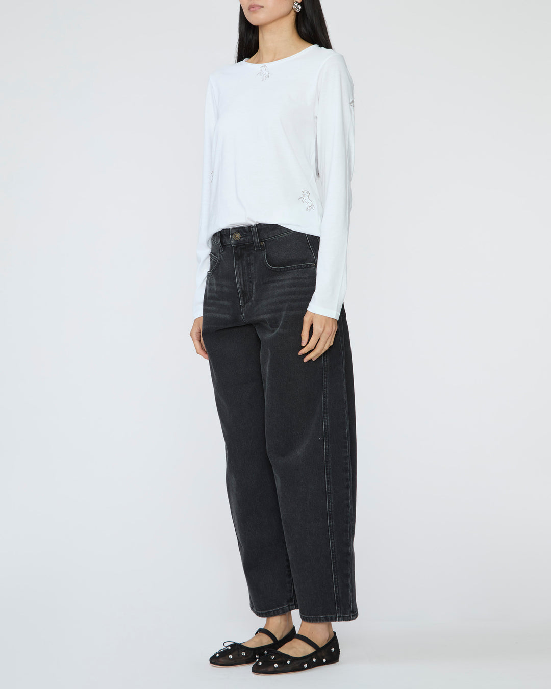 CATHERINEGEE Embroidered Cotton Long Sleeve T-Shirt in Horse