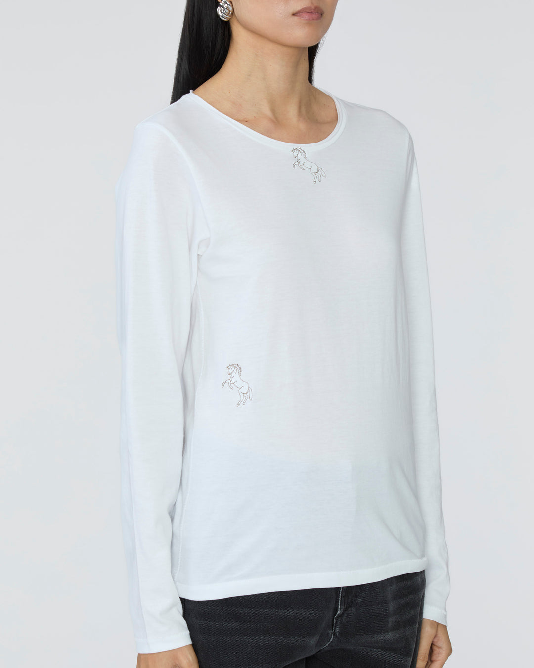 CATHERINEGEE Embroidered Cotton Long Sleeve T-Shirt in Horse