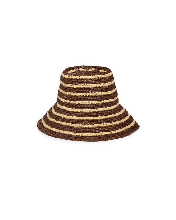 A woven bucket hat with alternating dark brown and light tan horizontal stripes, shown against a plain white background.