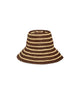 A woven bucket hat with alternating dark brown and light tan horizontal stripes, shown against a plain white background.