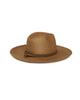 A brown woven straw fedora hat with a matching brown band and small bow detail, shown against a plain white background.