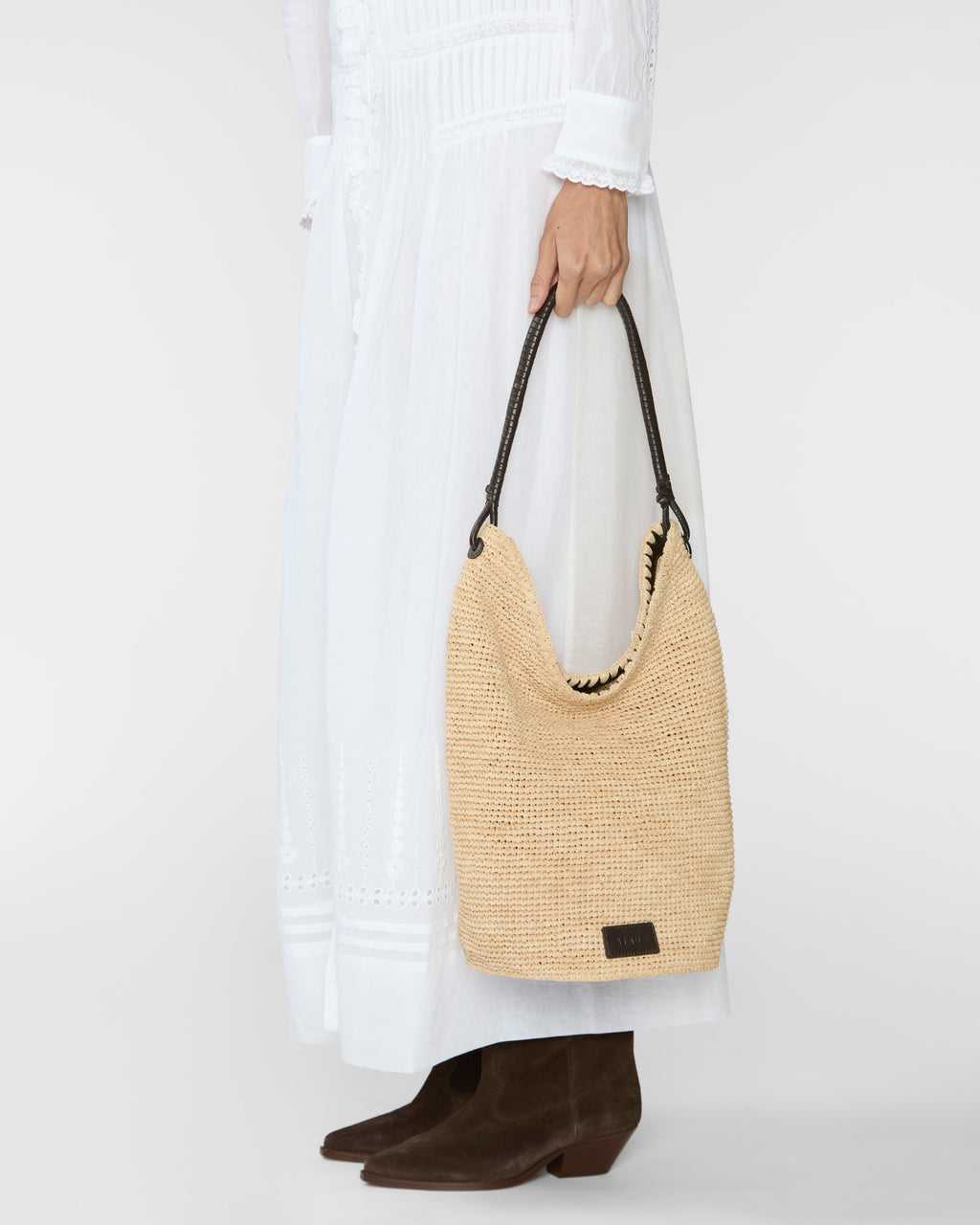 Staud Lani Large Raffia Bucket Bag Natural