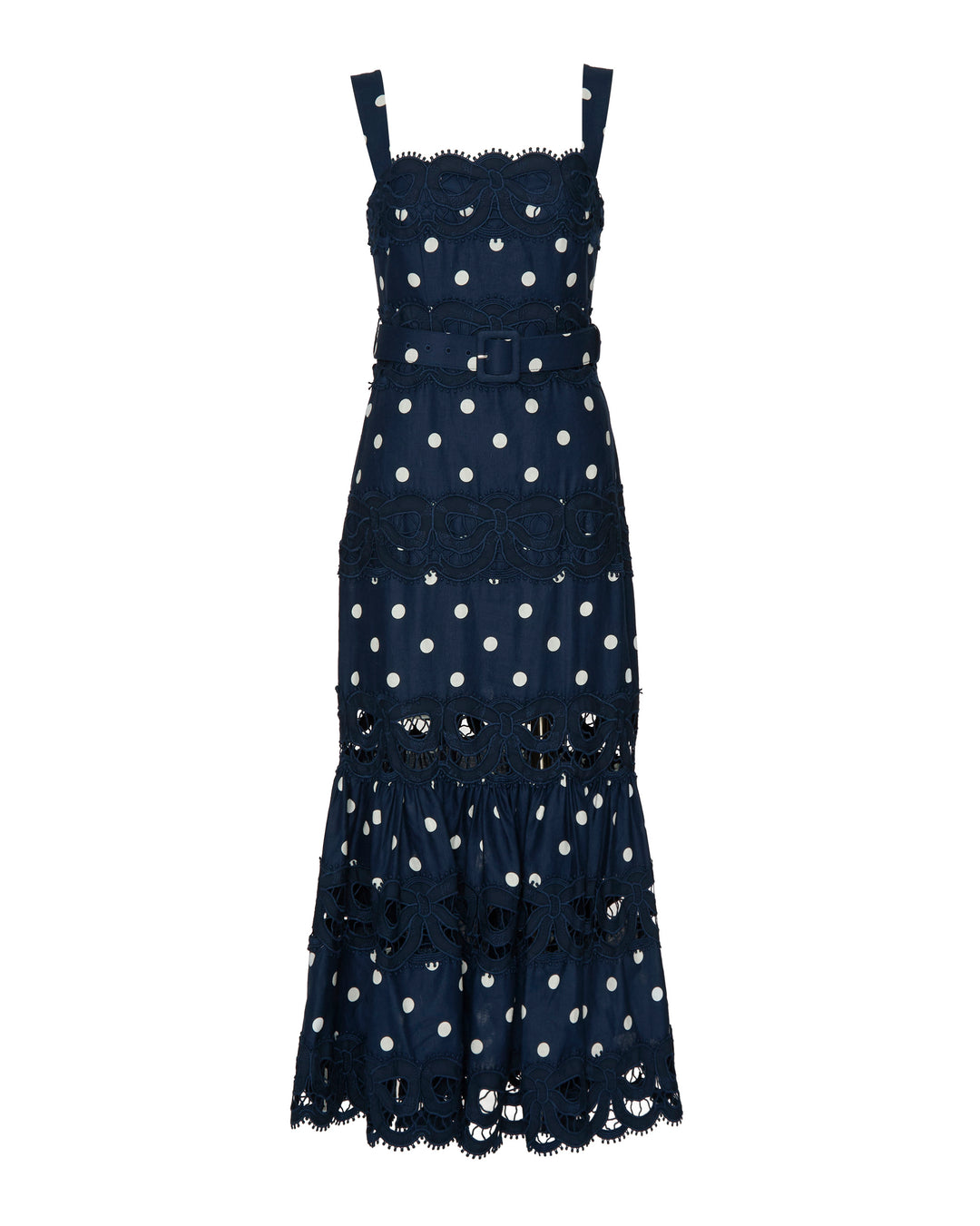 SELF PORTRAIT Navy Polka Dot Linen Midi Dress