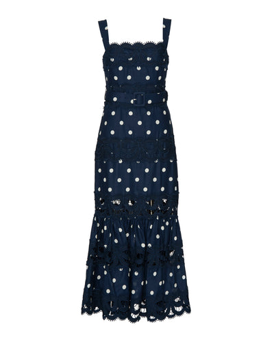 Navy Polka Dot Linen Midi Dress