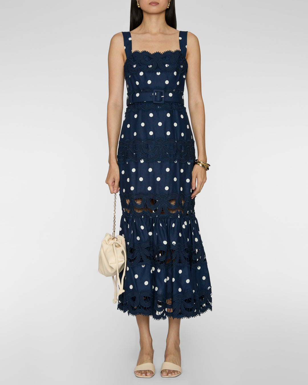 SELF PORTRAIT Navy Polka Dot Linen Midi Dress