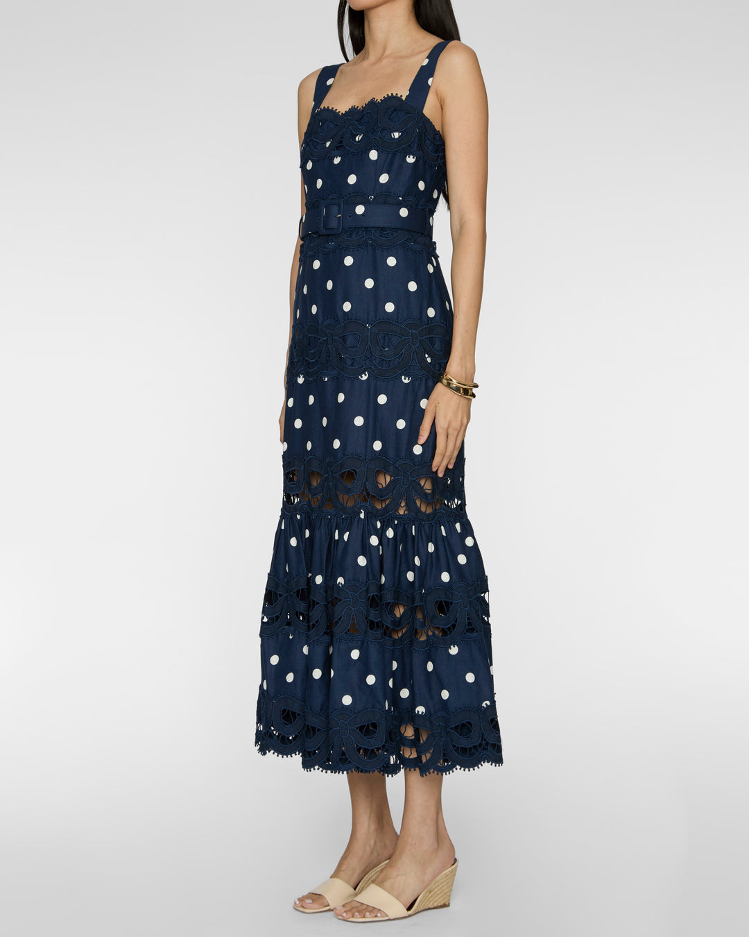 SELF PORTRAIT Navy Polka Dot Linen Midi Dress