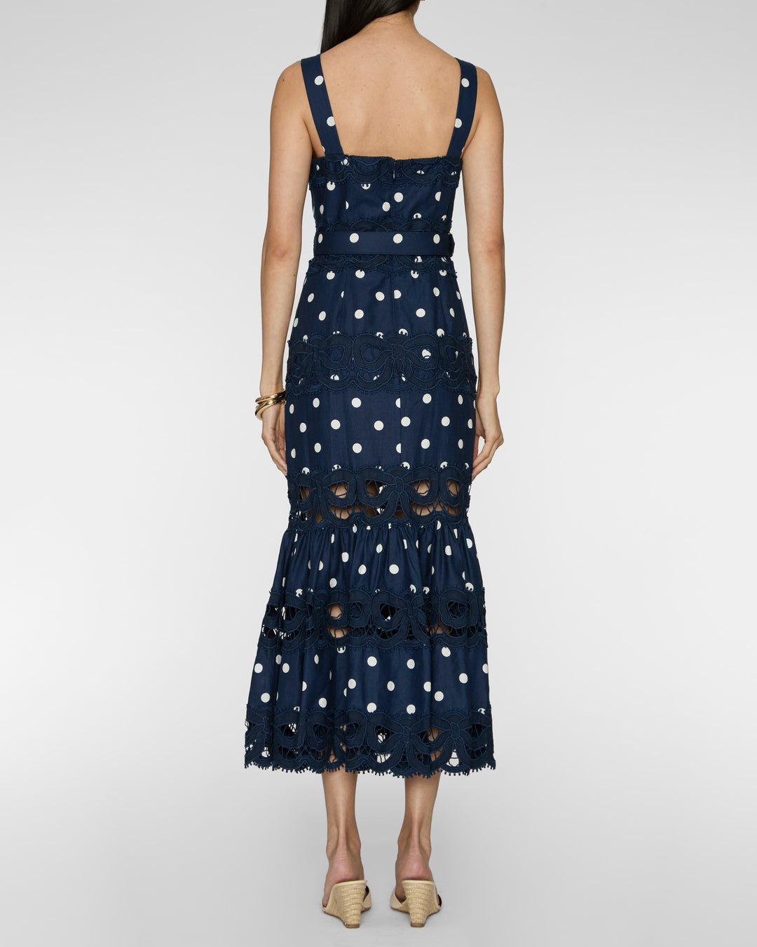 SELF PORTRAIT Navy Polka Dot Linen Midi Dress