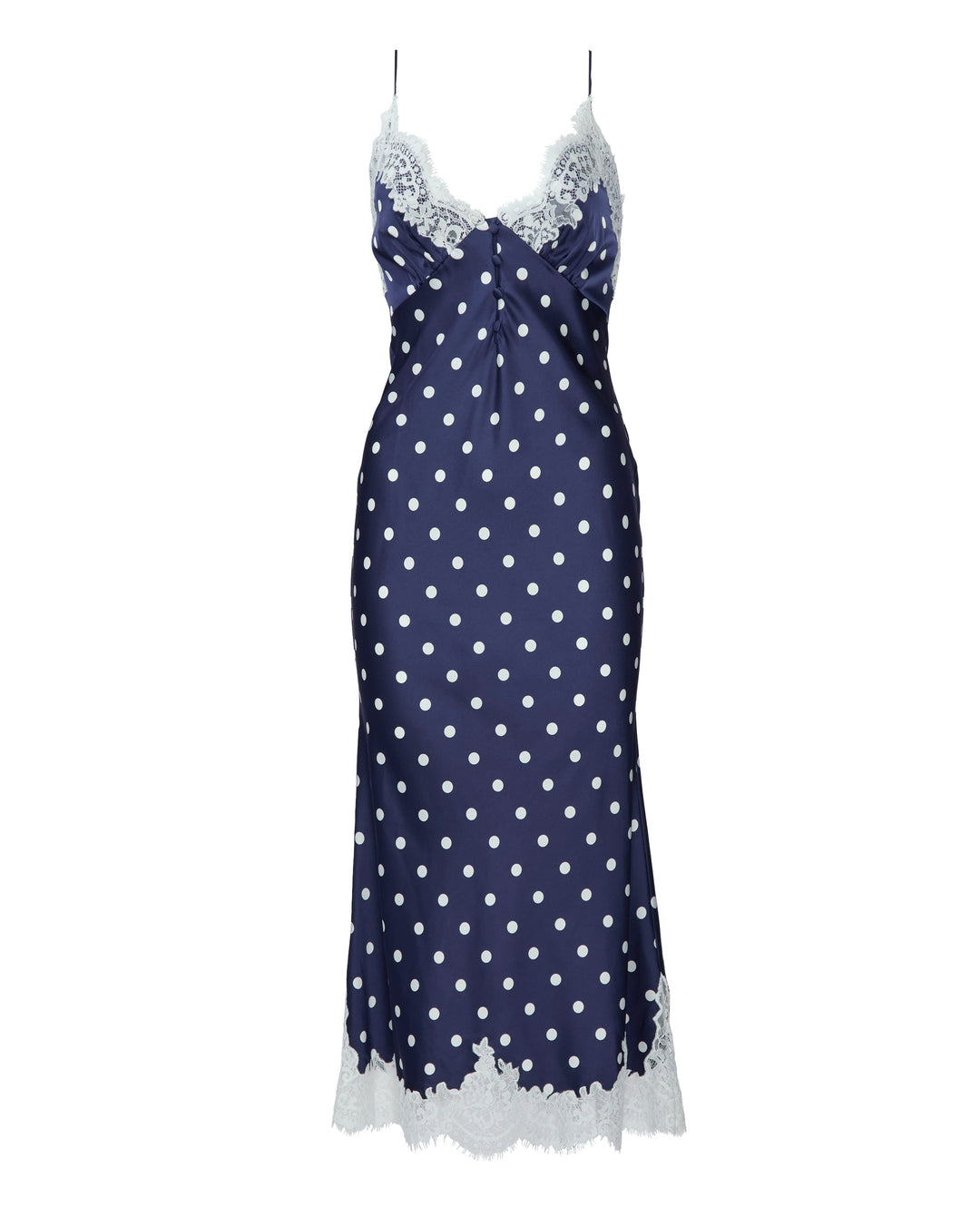 SELF PORTRAIT Navy Polka Dot Satin Lace Midi Dress, 2 / Navy