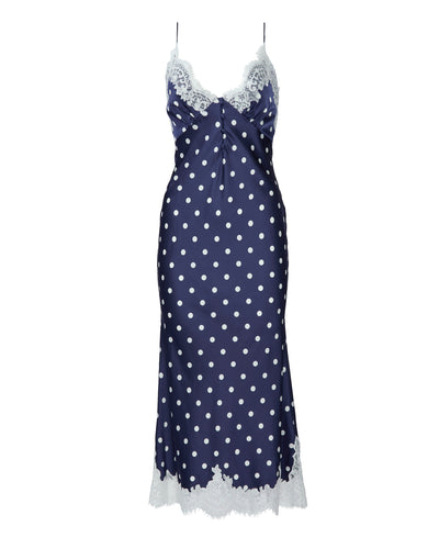 Navy Polka Dot Satin Lace Midi Dress