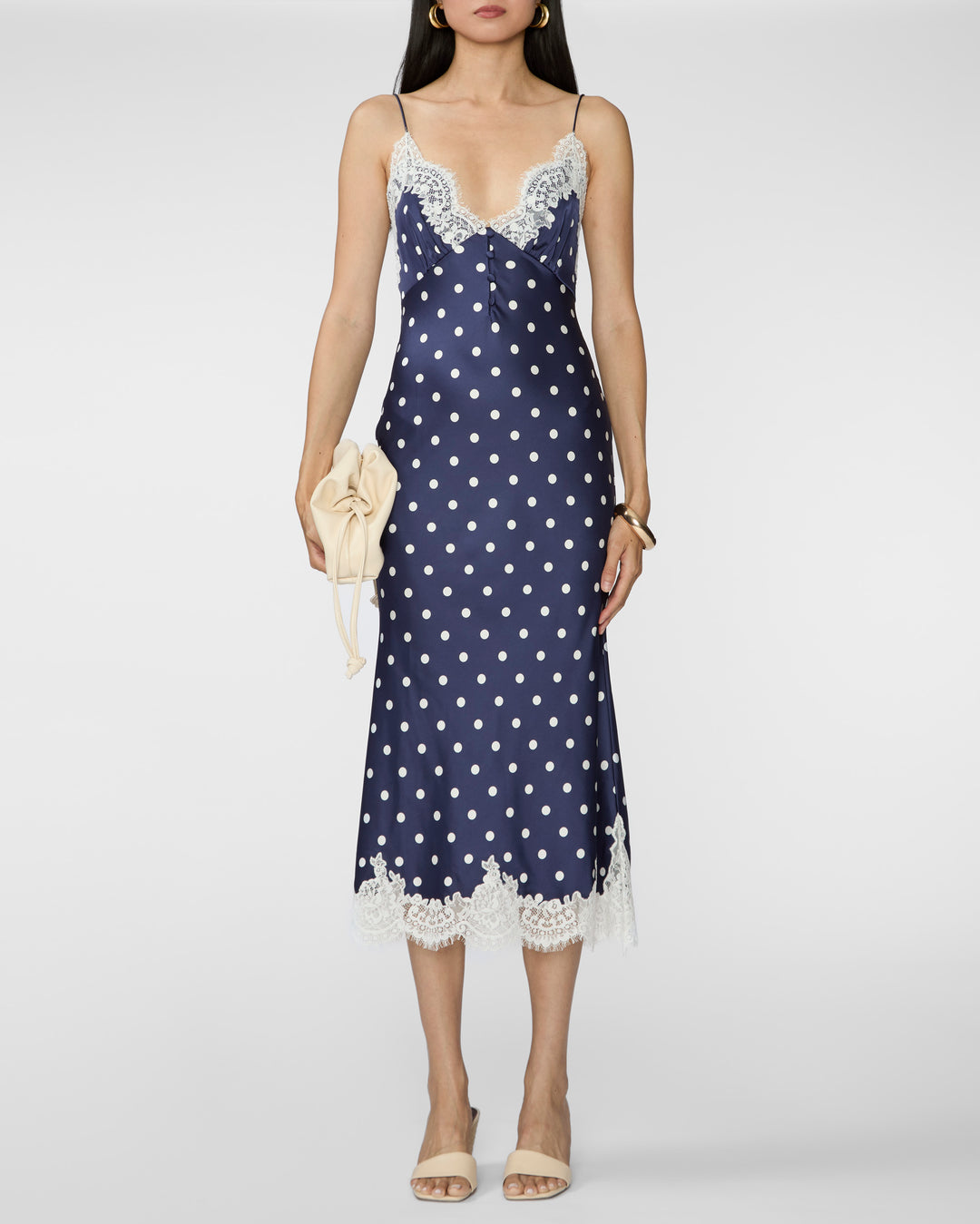 SELF PORTRAIT Navy Polka Dot Satin Lace Midi Dress