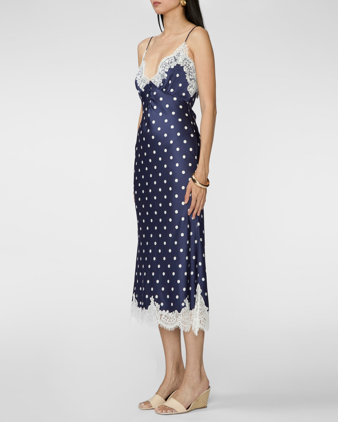 SELF PORTRAIT Navy Polka Dot Satin Lace Midi Dress