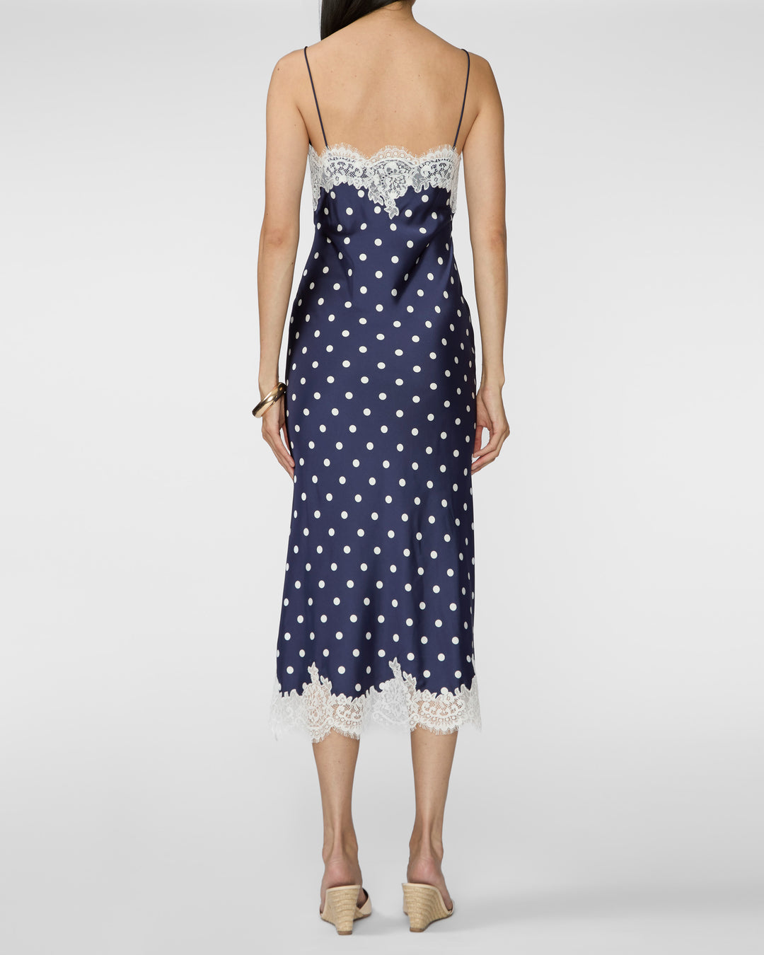 SELF PORTRAIT Navy Polka Dot Satin Lace Midi Dress