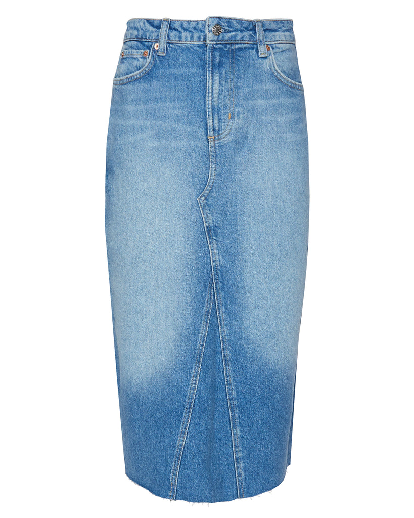 The Highland Denim Skirt in Baja Blue Raw Hem