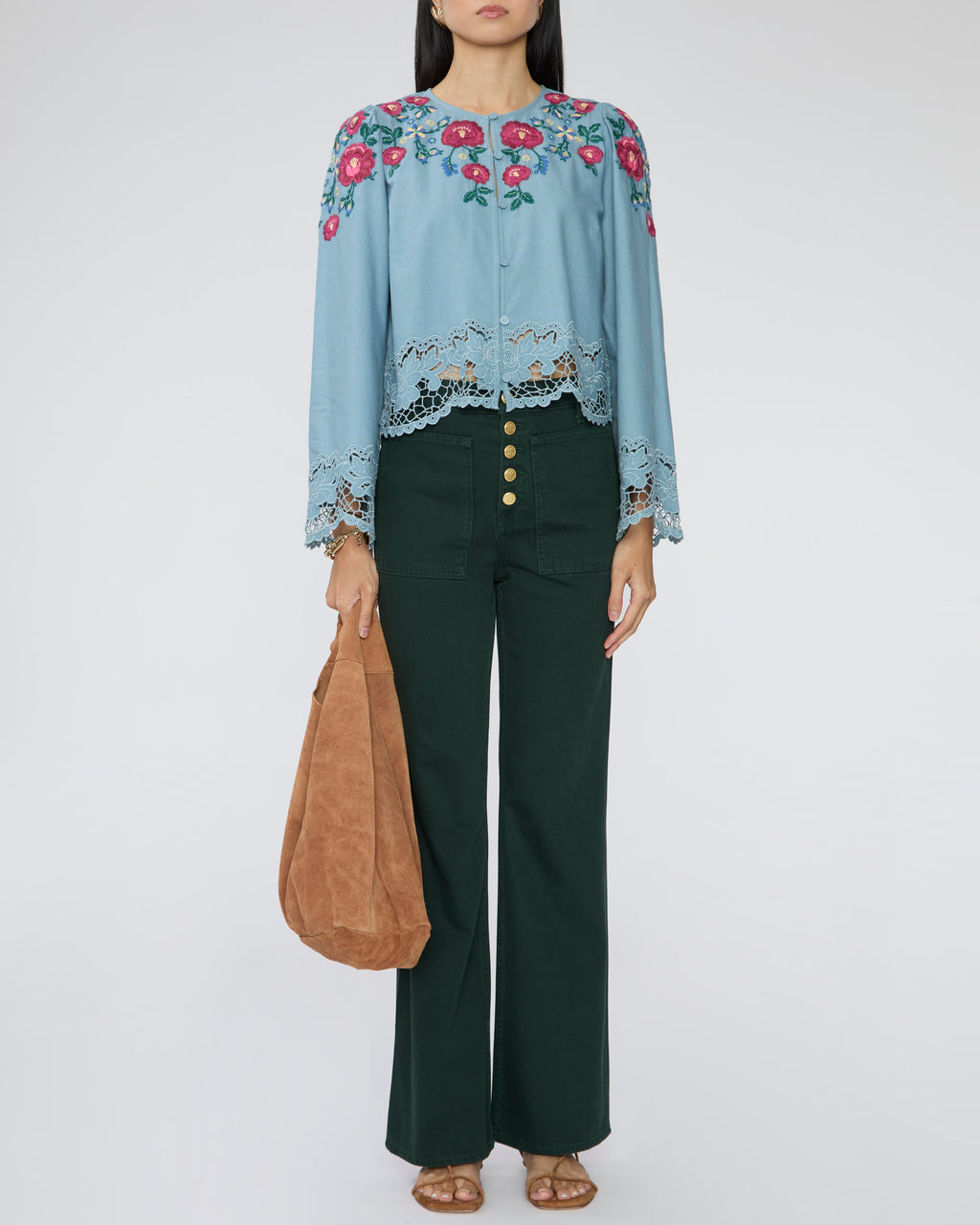 SEA Rosaline Embroidery Long Sleeve Button Up Top