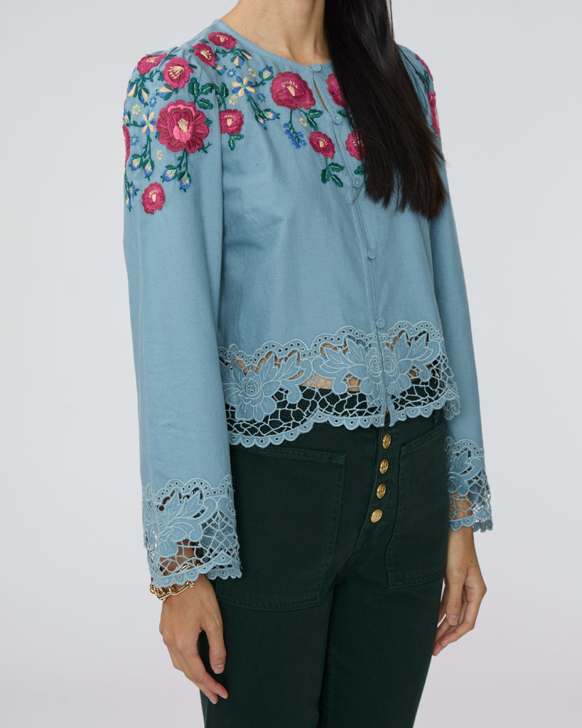 SEA Rosaline Embroidery Long Sleeve Button Up Top