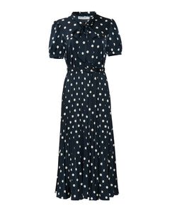 Navy Polka Dot Satin Midi Dress
