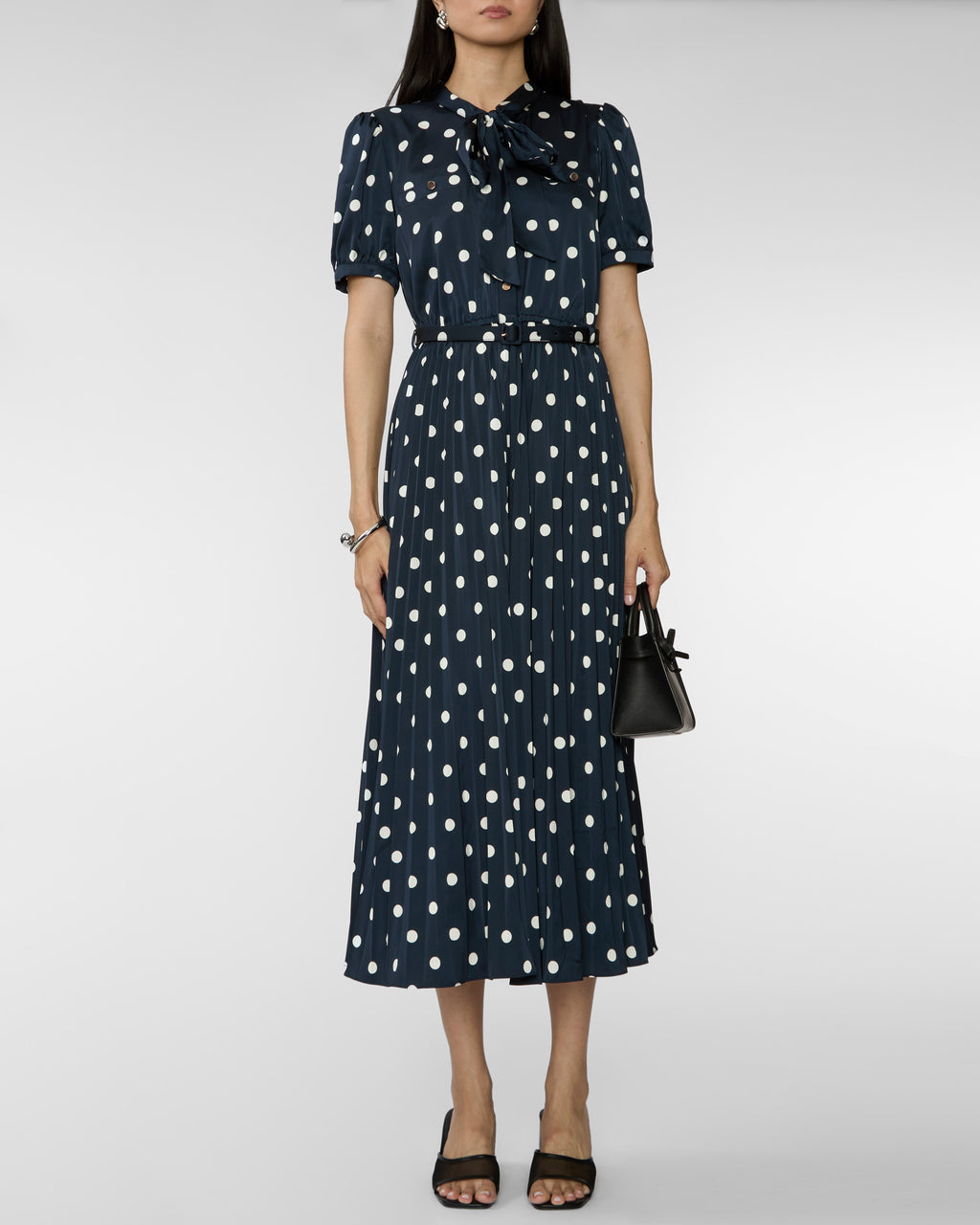 SELF PORTRAIT Navy Polka Dot Satin Midi Dress