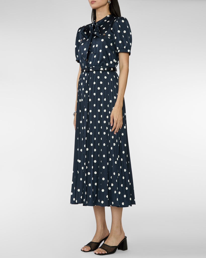 SELF PORTRAIT Navy Polka Dot Satin Midi Dress