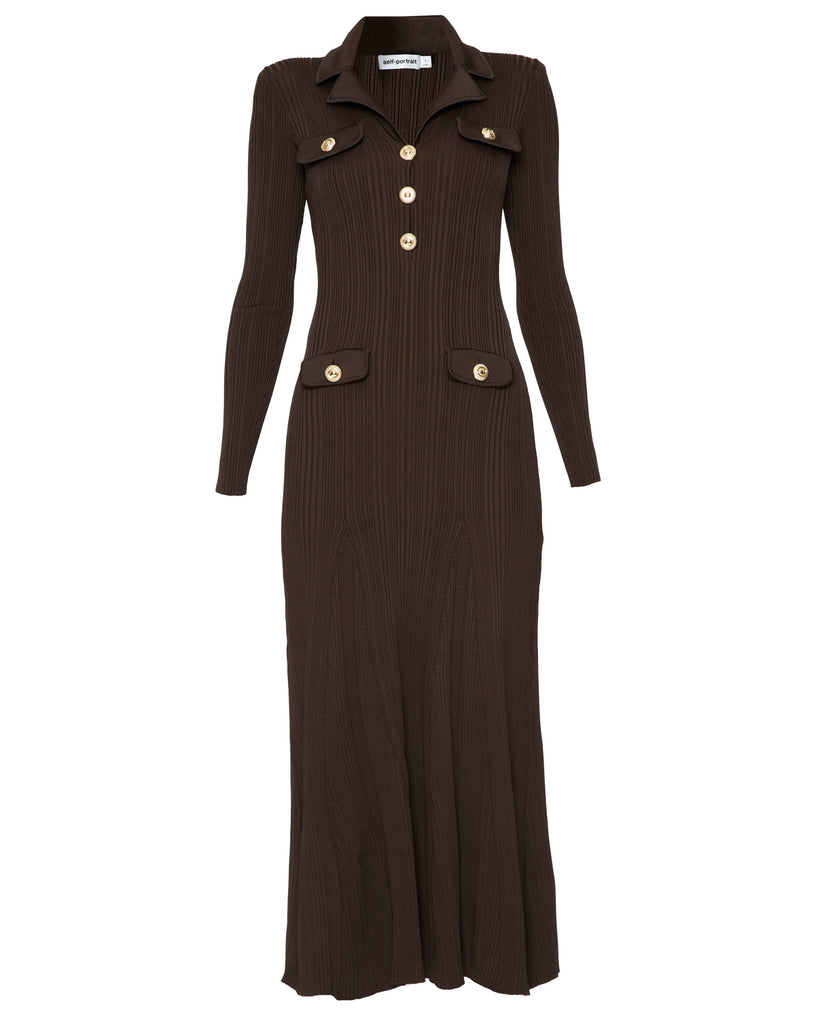 Brown Viscose Rib Knit Midi Dress