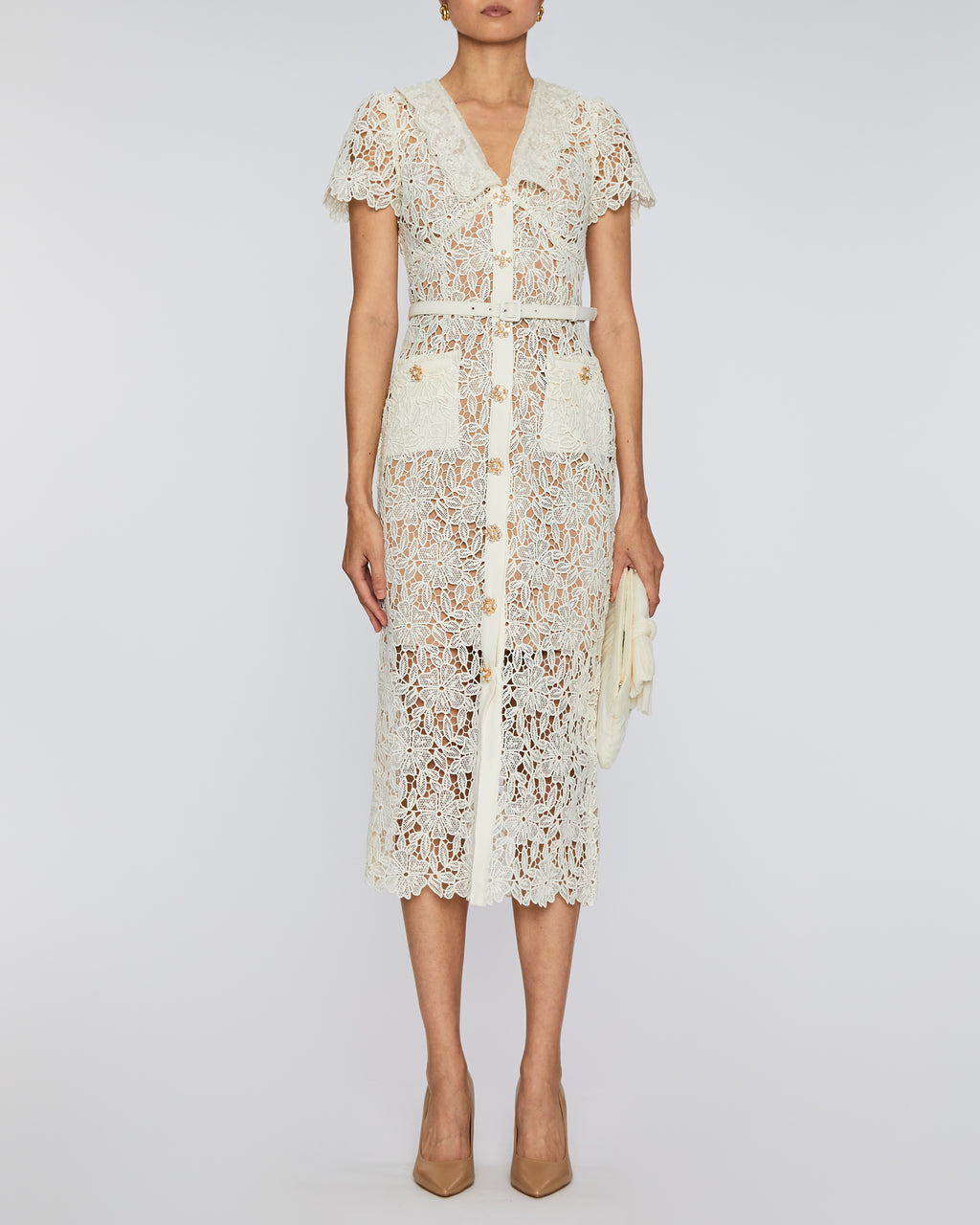 Self Portrait Cream Lace Midi Dress model image front