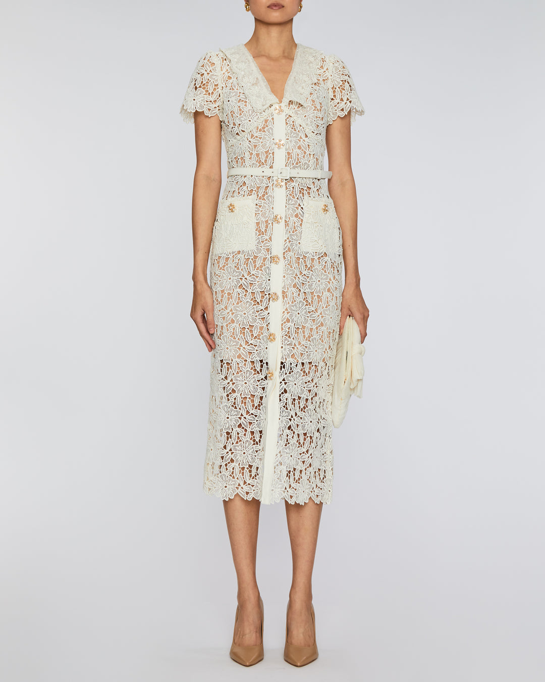 Self Portrait Cream Lace Midi Dress model image front