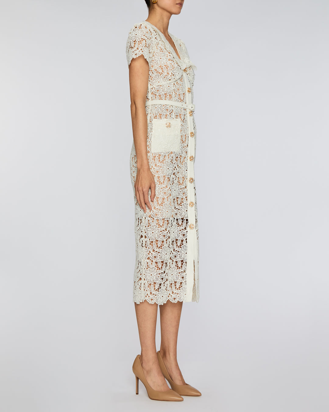 Self Portrait Cream Lace Midi Dress model image side