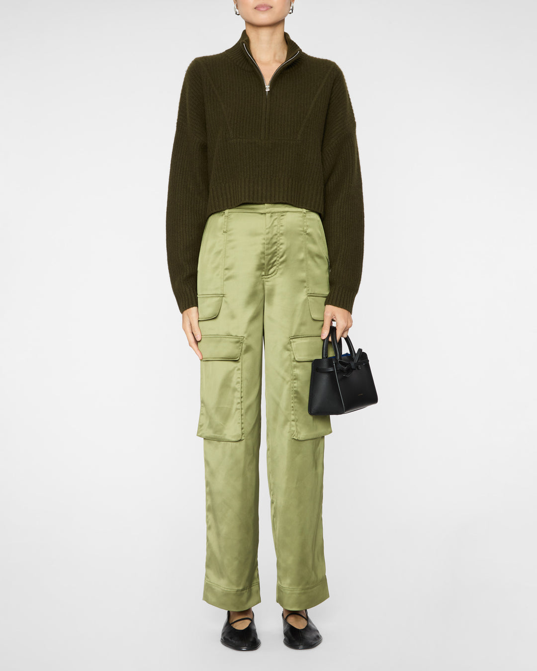 STAUD Cropped Hampton Cashmere Sweater in Olive