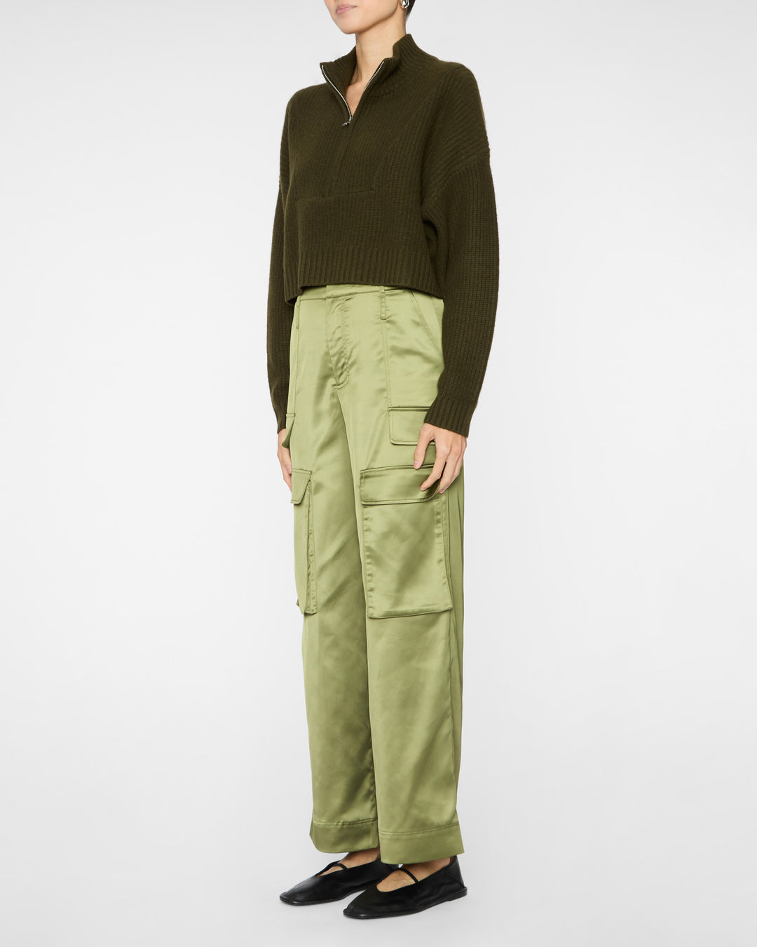STAUD Cropped Hampton Cashmere Sweater in Olive