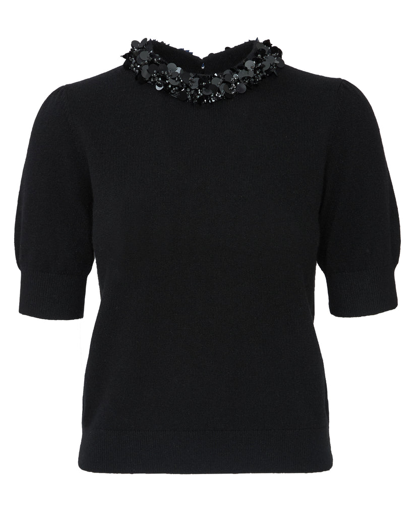 Liv Embroidered Cashmere Short Sleeve Knit in Noir