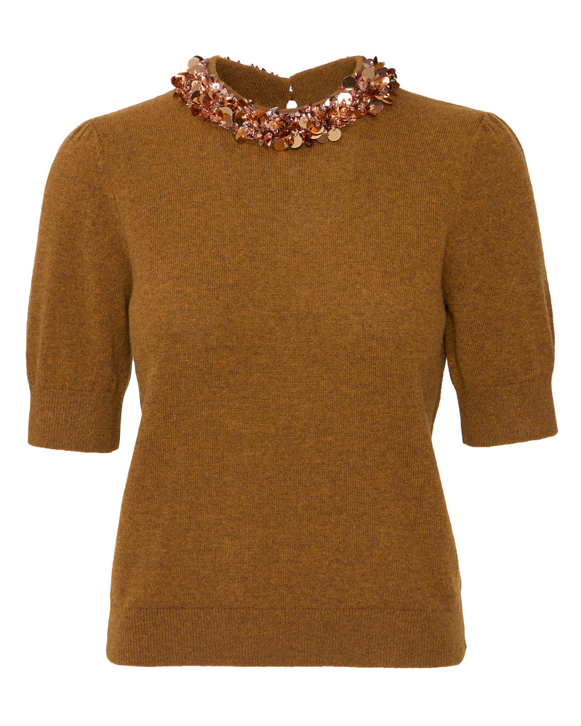 Liv Embroidered Cashmere Short Sleeve Knit in Umber
