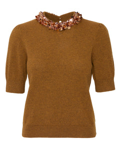 Liv Embroidered Cashmere Short Sleeve Knit in Umber