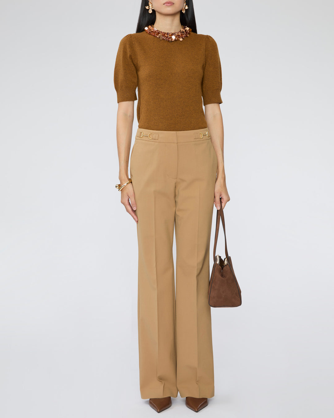 ULLA JOHNSON Liv Embroidered Cashmere Short Sleeve Knit in Umber