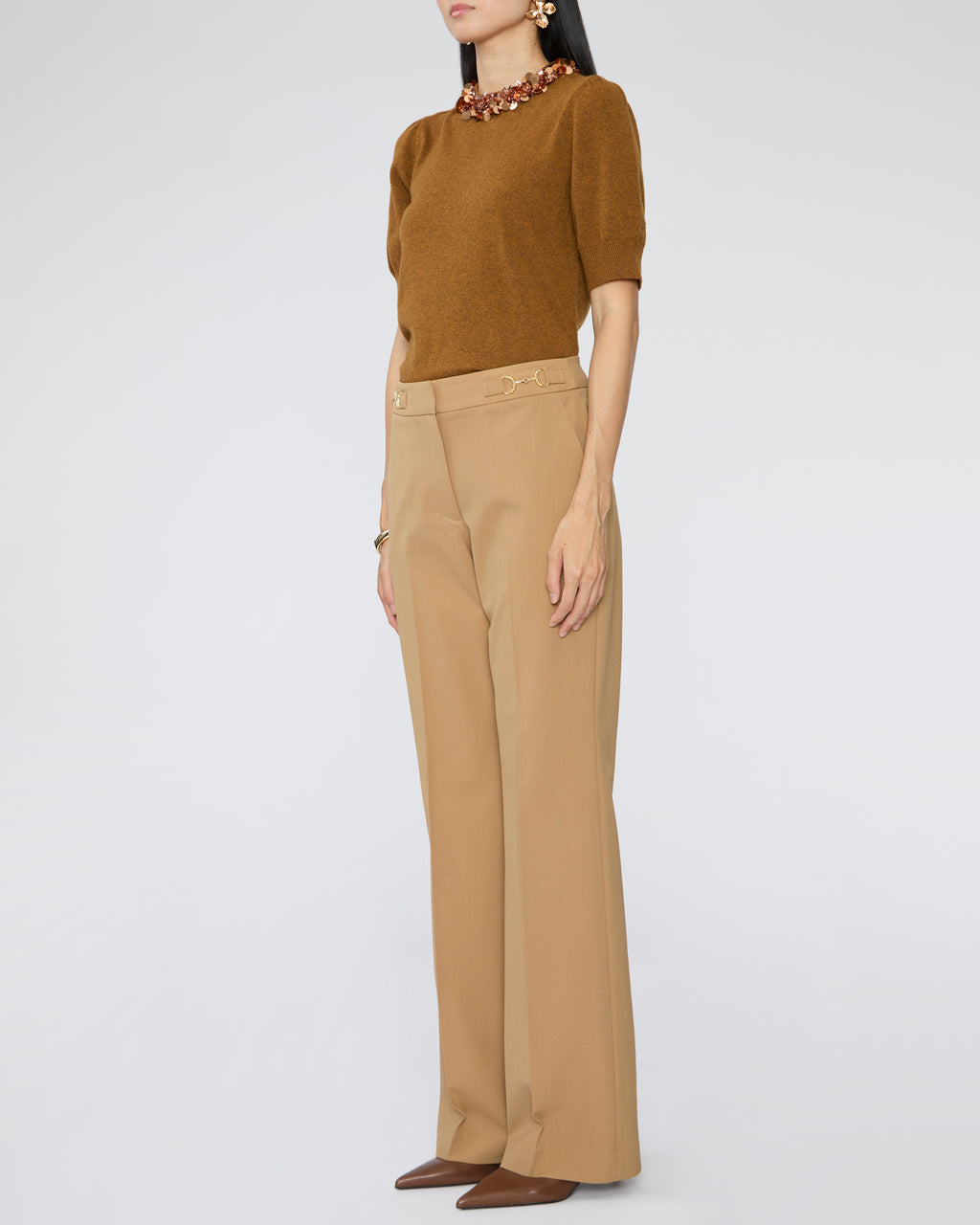 ULLA JOHNSON Liv Embroidered Cashmere Short Sleeve Knit in Umber