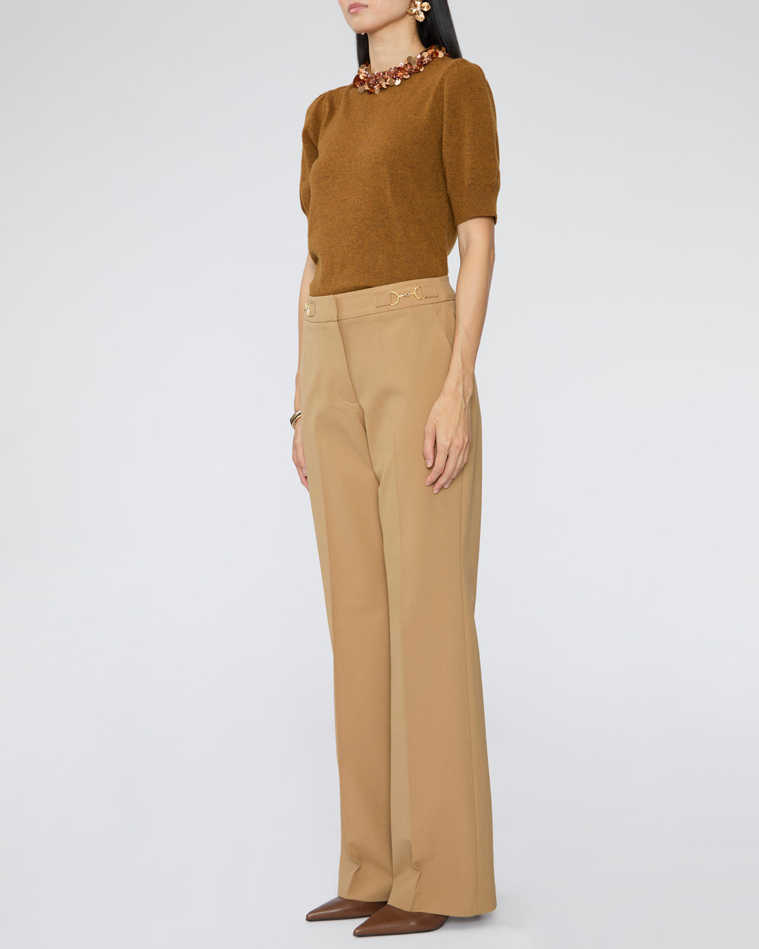 ULLA JOHNSON Liv Embroidered Cashmere Short Sleeve Knit in Umber